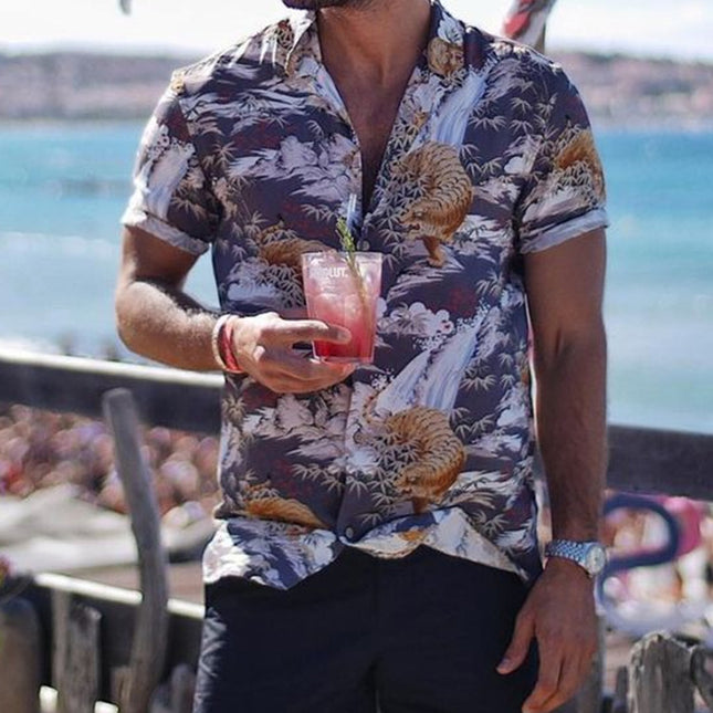 Wholesale Men's Summer Casual Tiger Print Short Sleeve Shirt Top