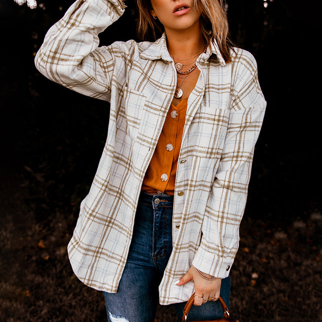 Camisa de lana de manga larga con bolsillo a cuadros de otoño invierno