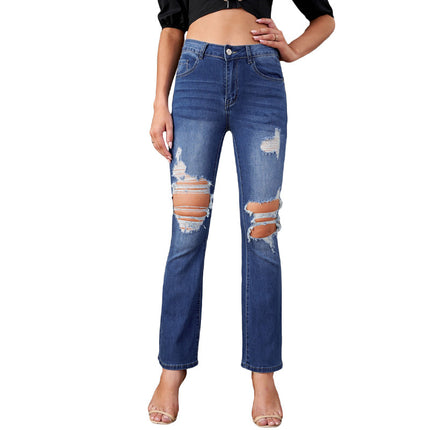 Wholesale Blue Grinding Street Style Cropped High Waist Ripped Jeans