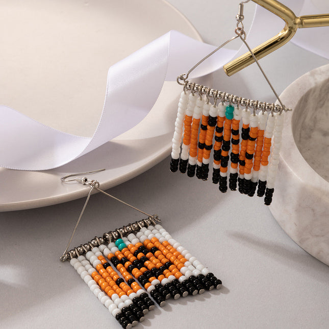 Halloween Contrasting Color Beads Horror Face Stitching Tassel Earrings