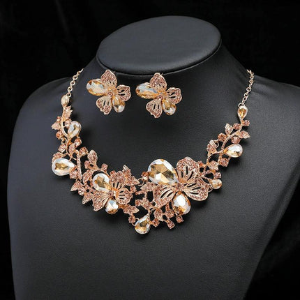 Necklace Earrings Set Fashion Alloy Crystal Flowers Bridal Dress Accessories