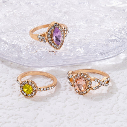 Colorful Rhinestone Three-Piece Ring Set
