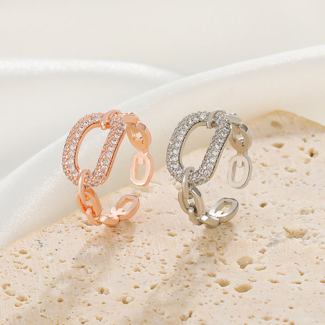 Anillo de cadena hueco de diamantes de imitación anillo de dedo abierto cuadrado de moda