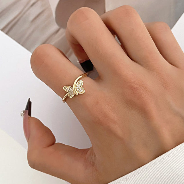 Anillo de pareja de dedo índice abierto geométrico de mariposa de diamantes de imitación