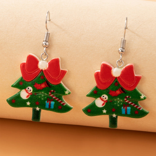 Colorful Resin Christmas Wreath Ear Hooks Snowman Bow Cartoon Earrings