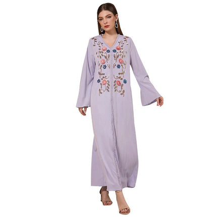 Wholesale Middle East Muslim Women's Autumn V Neck Embroidery Dress Robe