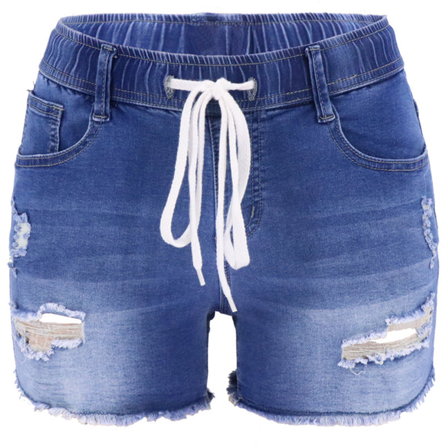 Wholesale Women's Elastic String High Rise Ripped Ladies Washed Jeans Shorts