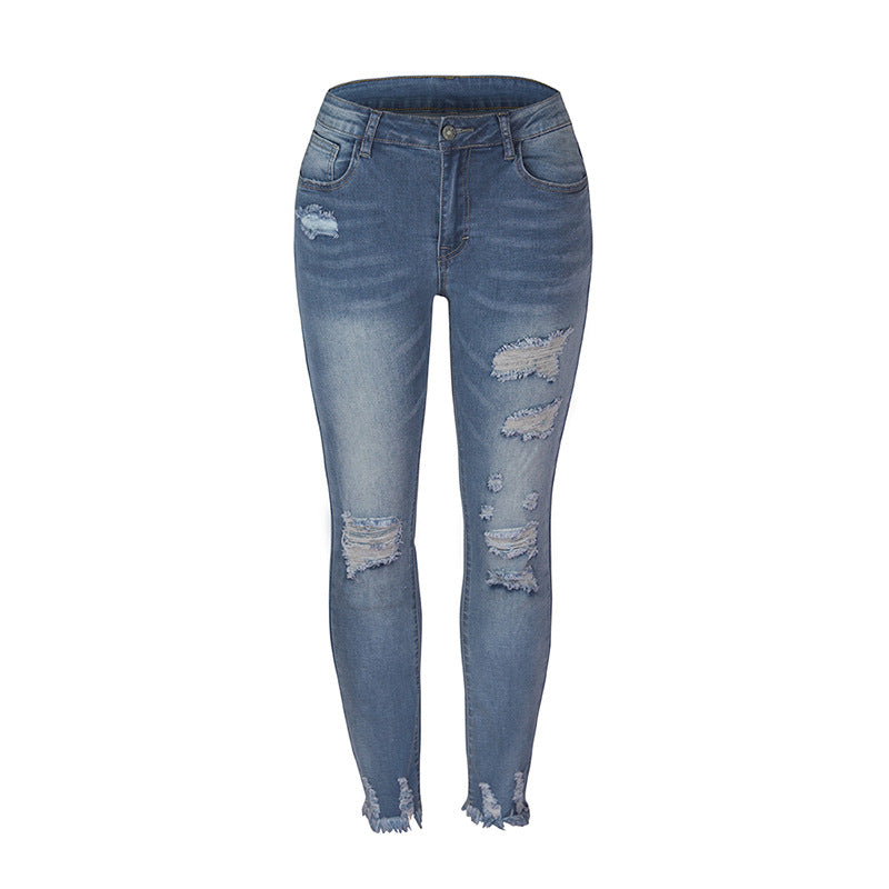 Ladies Slim High Stretch Washed Frayed Fringed Jeans