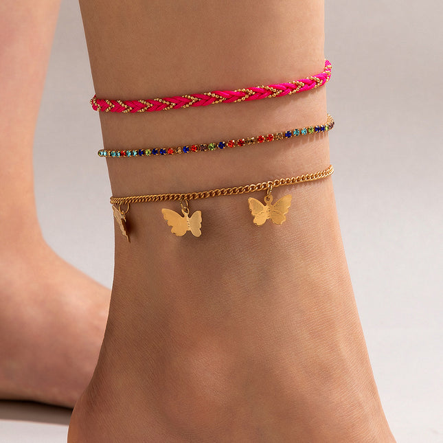 Colorful Rhinestone Butterfly Three-tier Anklet