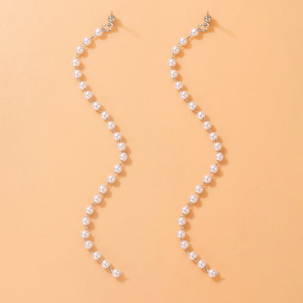 Pearl Long Chain Earrings Geometric Beaded Tassel Stud Earrings