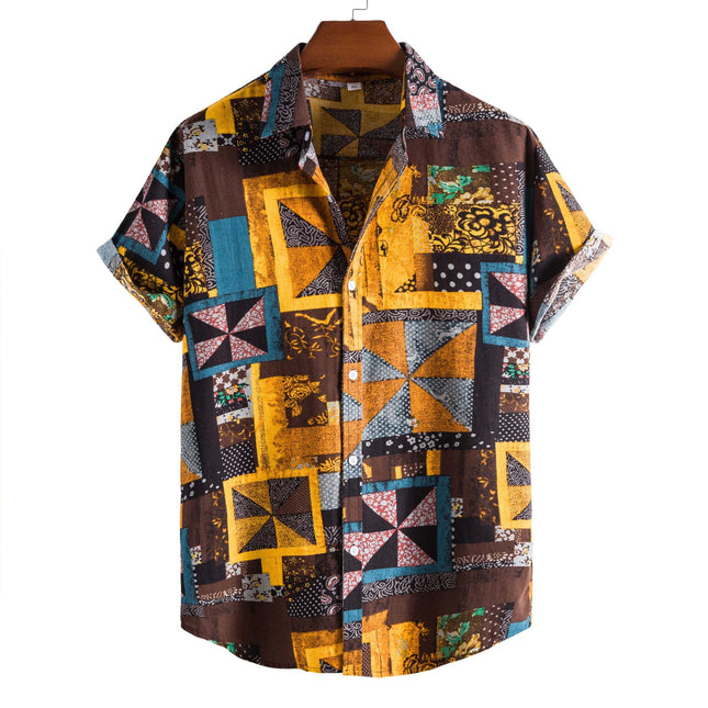 Wholesale Men's Printed Lapel Vintage Short Sleeve Shirt Top