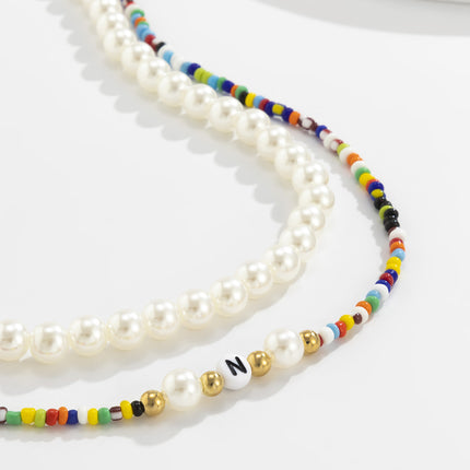 Rice Bead Letter N Imitation Pearl Bead Set Necklace