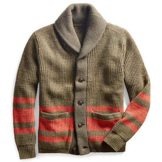 Wholesale Men's Lapel Button Cardigan Striped Jacquard Knit Sweater Jacket