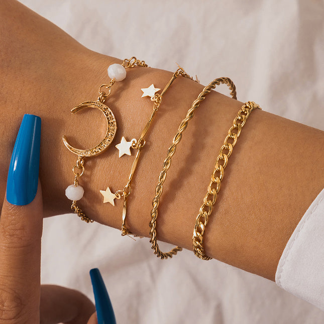Mond-Stern-Goldketten-Perlen-Armband-Set