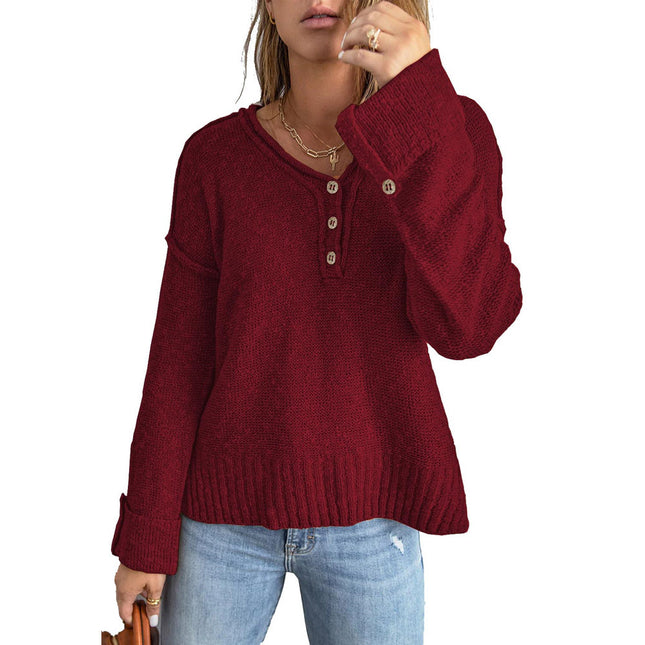 Damen Herbst Lässiger Pullover mit V-Ausschnitt und gestrickter Schulter