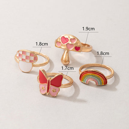 Mushroom Rainbow Love Pink Butterfly Drip Oil Four-piece Ring