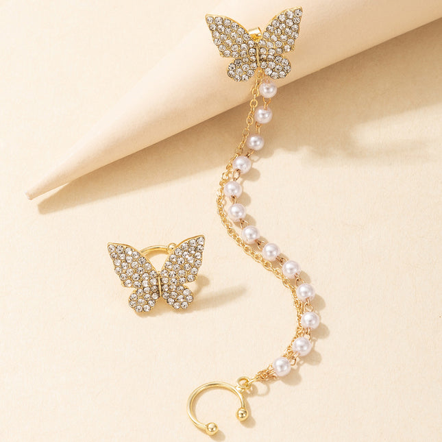 Pendientes de clip de oreja con borla de perla y mariposa de diamantes de imitación