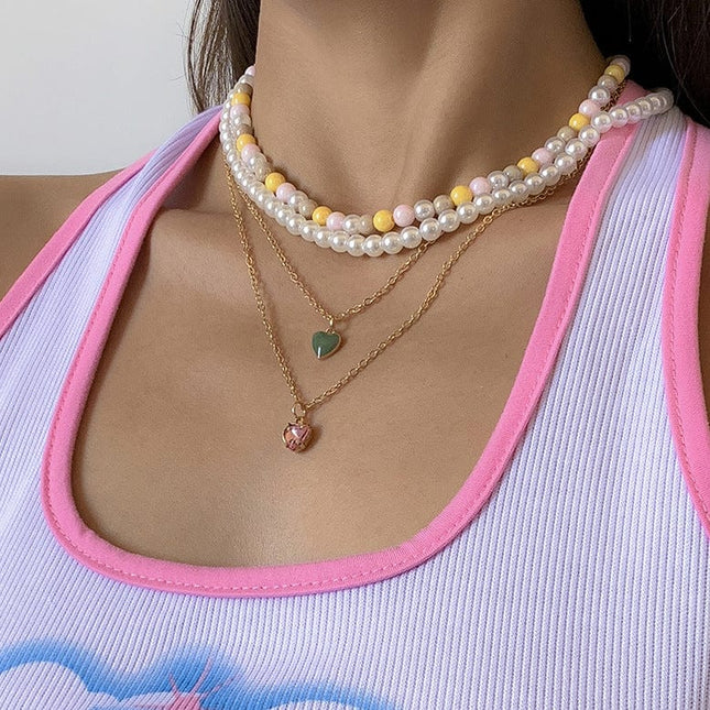 Vintage Colorful Pearl Oil Painting Heart Rhinestone Necklace