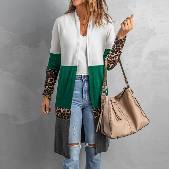 Wholesale Women's Cardigan Jacket Leopard Stitching Sweater Coat
