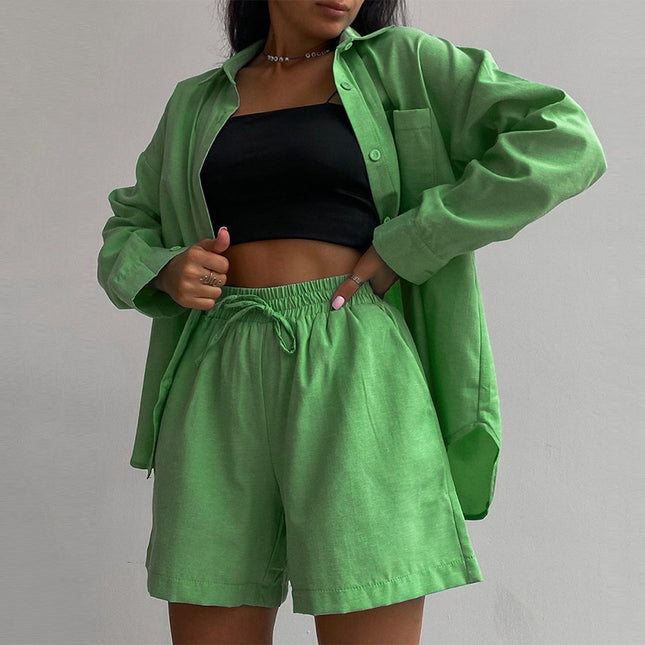 Wholesale Women's Cotton Thin Lapel Cardigan Shirt Shorts Two Piece Set