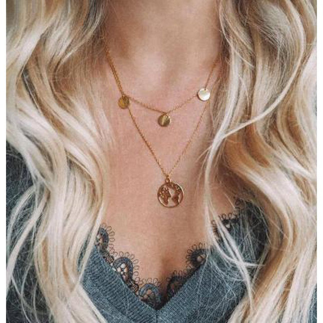 Hollow World Map Multilayer Sequins Fashion Simple Double Layer Necklace