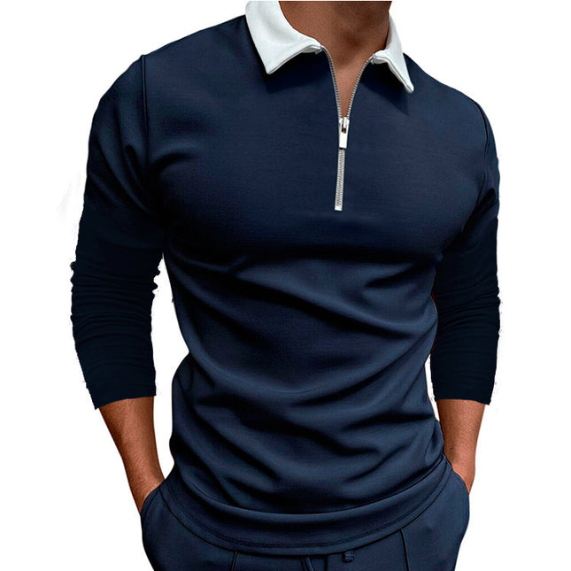 Wholesale Men's Casual Long Sleeve Printed Slim Zipper Lapel Polo Shirt