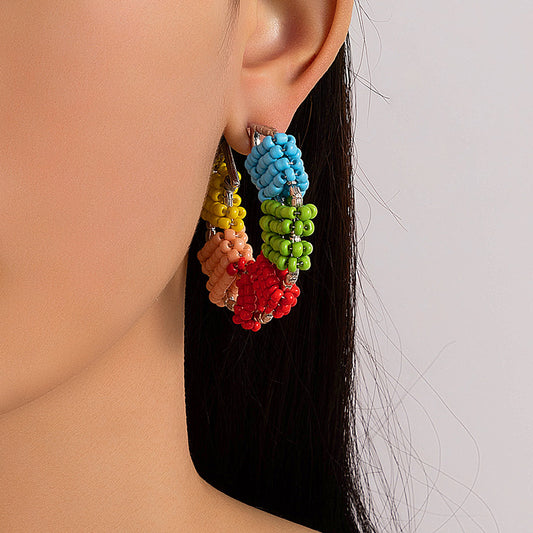 Rice Bead Beaded Colorful Candy Color Rice Bead Round Earrings