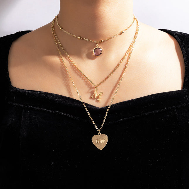 Wholesale Crystal Embellished Alphabet Heart Trio Necklace