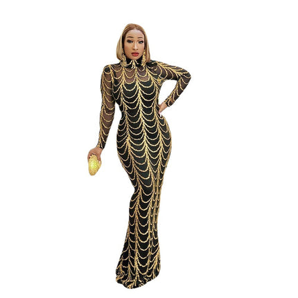Wholesale African Women's Evening Gown Stretch Sequin Mermaid Dress with Inner Slip