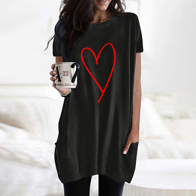 Love Plaid Print Kontrastfarbe Kurzarm Long T-Shirt