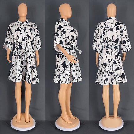 Wholesale Women's Plus Size Mid Sleeve High Waist Tie Print Ruffle Pocket Dress