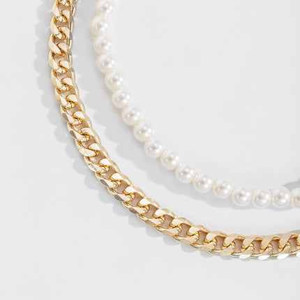 Imitation Women Vintage Metal Chain Pearl Necklace