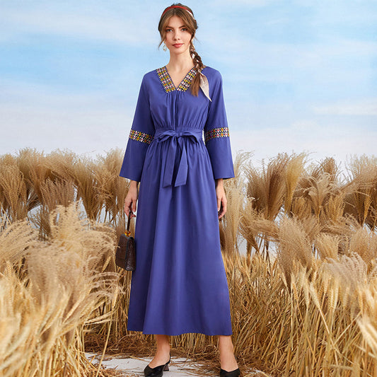 Wholesale Women's V Neck Long Sleeves Lace Up Swing Embroidered Long Dress