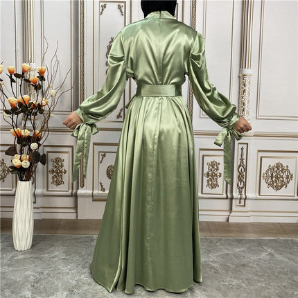 Vestido cárdigan musulmán de manga de satén grueso de color sólido para mujer