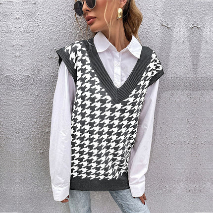 Wholesale Women's  Autumn Winter Houndstooth Knit Sleeveless Vest