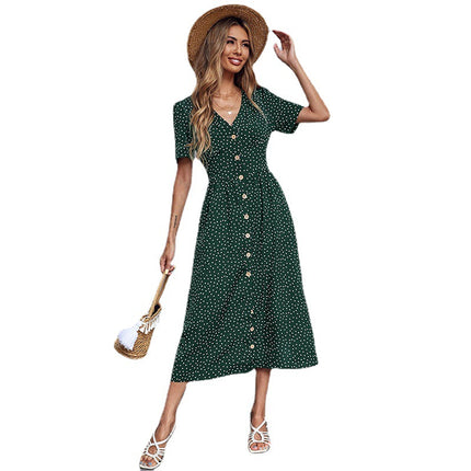 Wholesale Women's Summer Button Polka Dot V-Neck Short Sleeve Dress