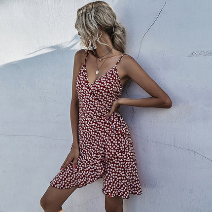 Wholesale Women's Summer Ruffle Beach Sling Peach Heart Neck Dress