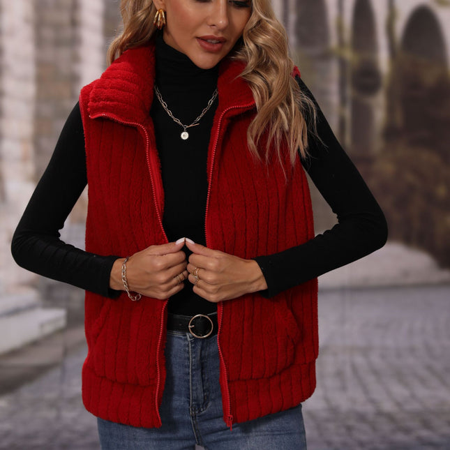 Wholesale Women's Lapel Collar Zipper Reversible Fleece Casual Vest