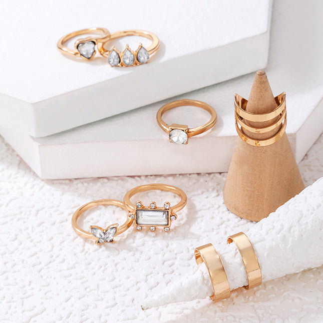 Heart Rhinestone Square Butterfly Seven-Piece Ring Set