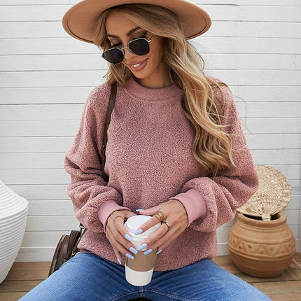 Women‘s Solid Color Casual Top Knit Pullover Plush Hoodie