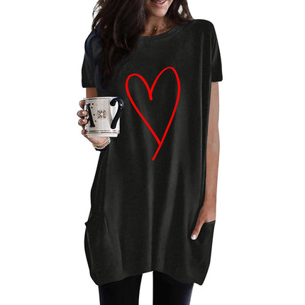 Women's Love Plaid Print Contrasting Color Short Sleeve Long T-Shirt
