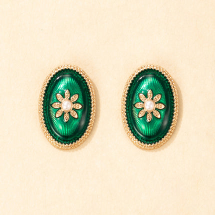Green Oil Drip Flower Pearl Resort Earrings
