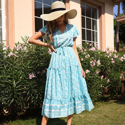 Wholesale Women's Summer Printed Ruffle Sleeves V-Neck Resort Midi Dress