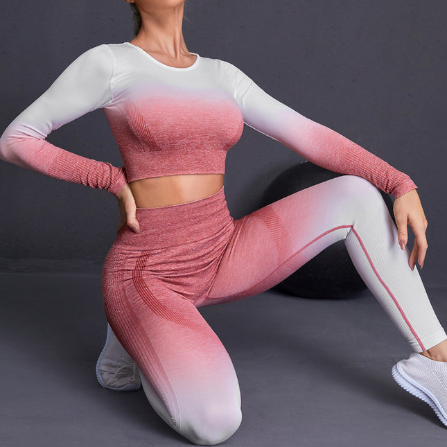 Sport-Langarm-Leggings mit Farbverlauf, Yoga, zweiteiliges Set