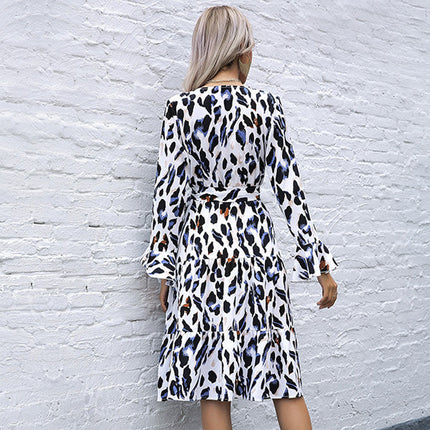 Wholesale Women's Printed Leopard Long Sleeve Fall V-Neck Ruffle Dress