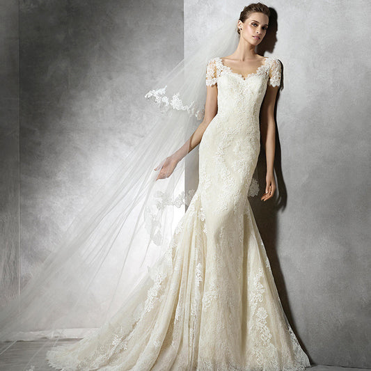 Wholesale Bridal Tail Lace Short Sleeves Waist Mermaid Wedding Dress