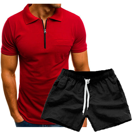 Wholesale Men's Casual Solid Color Lapel Short Sleeve Polo Shirt Shorts Two Piece Set