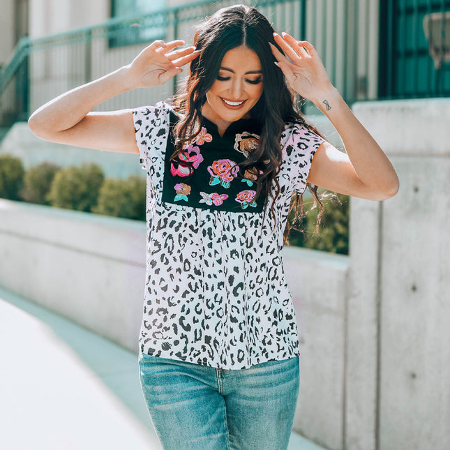 Women's Leopard Embroidered Round Neck Short Sleeve Shirt