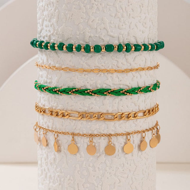 Cord Woven Rice Beads Beaded Tassel Circle Five-Tier Anklet Set