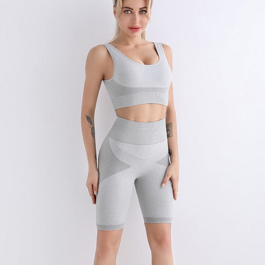 Wholesale Women's Yoga Sports Seamless Vest Bra Shorts Two Piece Set